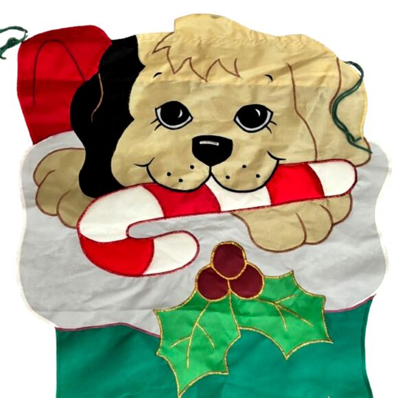 Vintage Nylon Gold Embroidered Applique Cut Out 24"x43"Puppy Christmas Flag - Picture 2 of 3
